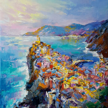 Painting titled "Painting Vernazza ,…" by Viktoria Lapteva, Original Artwork, Oil Mounted on Wood Stretcher frame