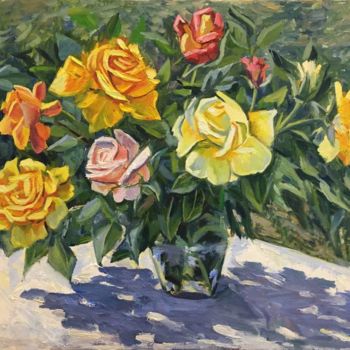 Картина под названием "roses on garden tab…" - Viktoriia Kolesnikova, Подлинное произведение искусства, Масло