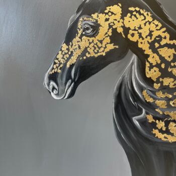 Malarstwo zatytułowany „Black horse” autorstwa Viktoriia Balandina, Oryginalna praca, Akryl Zamontowany na Drewniana rama no…