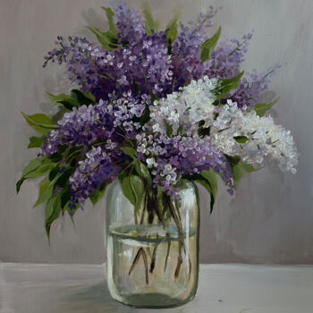 Painting titled "Lilac in a jar" by Viktoriia Derbaba, Original Artwork, Oil Mounted on Wood Stretcher frame