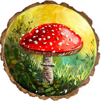 Schilderij getiteld "Mushroom on a woode…" door Viktoriia Derbaba, Origineel Kunstwerk, Acryl