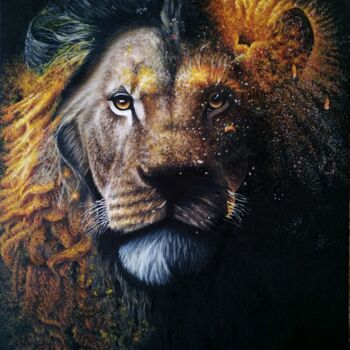 Painting titled "Lion on fire" by Viktoriia Komashinskaia, Original Artwork, Oil