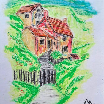 Zeichnungen mit dem Titel "Building nto a hill…" von Viktoriia Kush, Original-Kunstwerk, Pastell