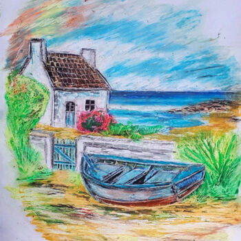 Zeichnungen mit dem Titel "House by the sea" von Viktoriia Kush, Original-Kunstwerk, Pastell
