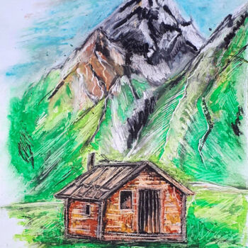 Disegno intitolato "A house in the moun…" da Viktoriia Kush, Opera d'arte originale, Pastello