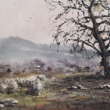 Painting titled "A shepherd's dream" by Viktoriia Lebedynska, Original Artwork, Watercolor