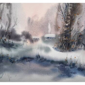 Painting titled "First snow" by Viktoriia Lebedynska, Original Artwork, Watercolor