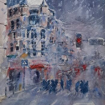 Painting titled "Snowy in the city" by Viktoriia Lebedynska, Original Artwork, Watercolor