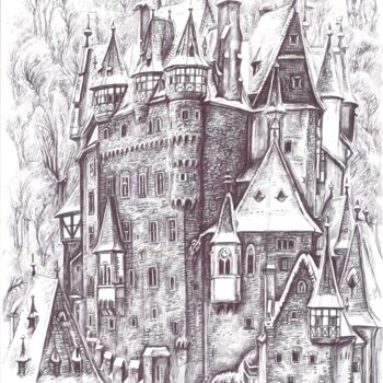 Drawing titled "Eltz Castle in Germ…" by Viktoriia Malaniuk, Original Artwork, Ballpoint pen