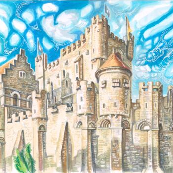 Dibujo titulada "Gravensteen Castle" por Viktoriia Malaniuk, Obra de arte original, Rotulador