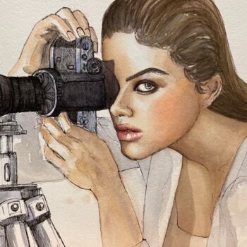 Pittura intitolato "Girl with camera" da Viktoriia Shalaiko, Opera d'arte originale, Acquarello