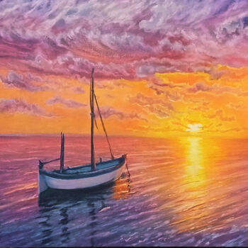 Painting titled "Pink Sunset" by Viktoriya Filipchenko, Original Artwork, Oil Mounted on Wood Stretcher frame