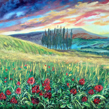 Painting titled "Tuscany Sunset Hill…" by Viktoriya Filipchenko, Original Artwork, Oil Mounted on Wood Stretcher frame