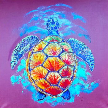 Malarstwo zatytułowany „The Bright Turtle O…” autorstwa Viktoriya Filipchenko, Oryginalna praca, Olej Zamontowany na Drewnia…