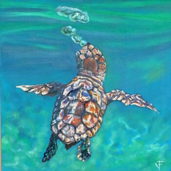 Painting titled "Small Turtle Origin…" by Viktoriya Filipchenko, Original Artwork, Oil Mounted on Wood Stretcher frame