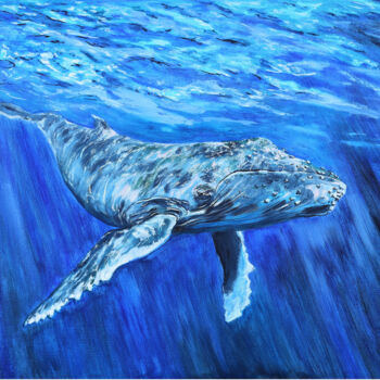 Painting titled "The Big Blue Whale." by Viktoriya Filipchenko, Original Artwork, Oil Mounted on Wood Stretcher frame