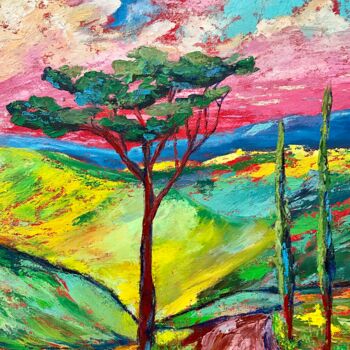 Painting titled "Pink Tuscany Road" by Viktoriya Filipchenko, Original Artwork, Oil Mounted on Wood Stretcher frame
