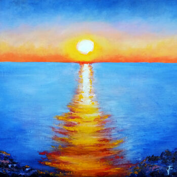 Painting titled "Sunset Sea Painting…" by Viktoriya Filipchenko, Original Artwork, Oil Mounted on Wood Stretcher frame