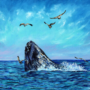 Painting titled "The Blue Whale With…" by Viktoriya Filipchenko, Original Artwork, Oil Mounted on Wood Stretcher frame