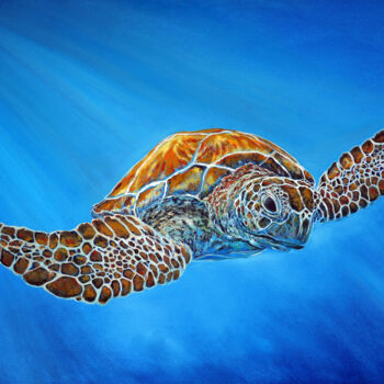 Painting titled "Turtle. Underwater…" by Viktoriya Filipchenko, Original Artwork, Oil Mounted on Wood Stretcher frame