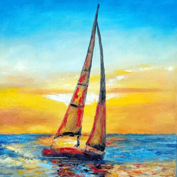 Peinture intitulée "Sailboat On Sunset…" par Viktoriya Filipchenko, Œuvre d'art originale, Huile Monté sur Châssis en bois