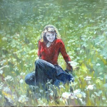 Картина под названием "Девушка на лужайке" - Viktoria Korotaeva, Подлинное произведение искусства, Масло