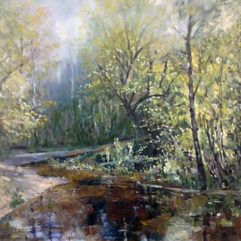 Malarstwo zatytułowany „Ручей в лесу” autorstwa Viktoria Korotaeva, Oryginalna praca, Olej