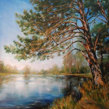 Картина под названием "Сосна над рекой" - Viktoria Korotaeva, Подлинное произведение искусства, Масло
