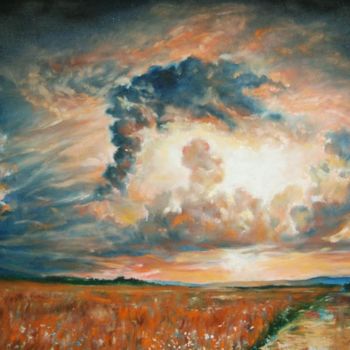 Картина под названием "Вечереет в поле" - Viktoria Korotaeva, Подлинное произведение искусства, Масло
