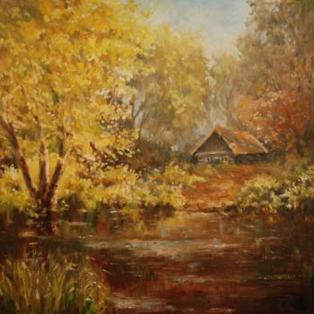 Картина под названием "Избушка у озера в л…" - Viktoria Korotaeva, Подлинное произведение искусства, Масло