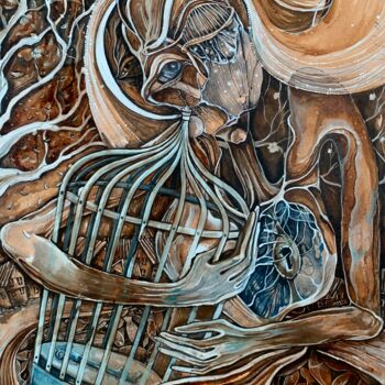 Peinture intitulée "Золотая клетка" par Viktoryia Kastsiankova, Œuvre d'art originale, Aquarelle Monté sur Panneau de bois