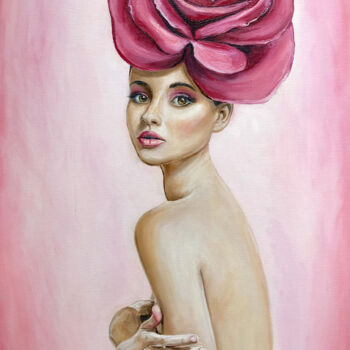 Painting titled "Woman with a rose" by Viktoryia Lautsevich, Original Artwork, Oil
