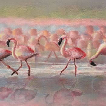 Painting titled "Flamingos" by Vili Zheko, Original Artwork, Pastel