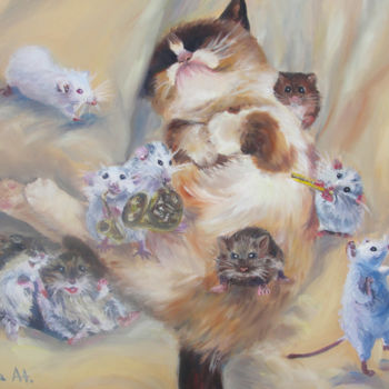 Painting titled "grumpy cat and play…" by Viliana At., Original Artwork, Oil