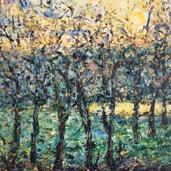 Painting titled "Trees Sunset Impast…" by Vilma Gataveckiene, Original Artwork, Oil
