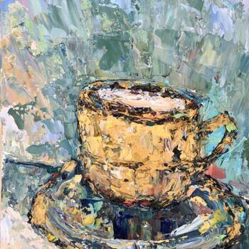 Painting titled "Golden Coffee Cup I…" by Vilma Gataveckiene, Original Artwork, Oil