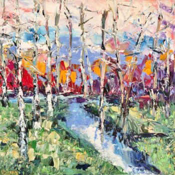 Painting titled "Trees By River Oil…" by Vilma Gataveckiene, Original Artwork, Oil