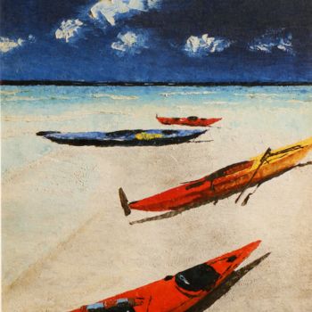 Painting titled "boats-on-the-beach.…" by Vinay Babar, Original Artwork, Oil