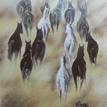 Painting titled "horses-at-dusk.jpg" by Vinay Babar, Original Artwork, Oil