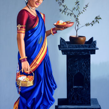 Pittura intitolato "Vishnupriya" da Vinayak Takalkar, Opera d'arte originale, Olio