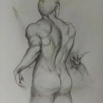Dessin intitulée "homme nu menacé" par Vincent Bionaz, Œuvre d'art originale, Graphite