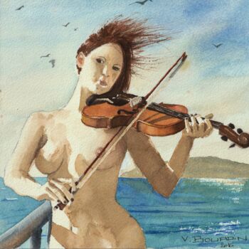 Painting titled "Nu au violon" by Vincent Bourdin, Original Artwork, Watercolor