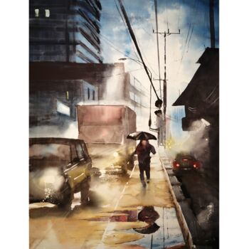 Ζωγραφική με τίτλο "Mystery rain" από Vincent Bourdin, Αυθεντικά έργα τέχνης, Ακουαρέλα