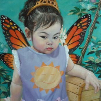 Painting titled "Winged Little Girl…" by Vincent Cases, Original Artwork, Oil