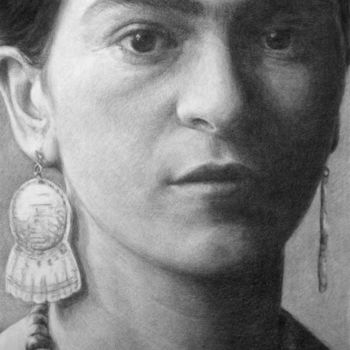 Drawing titled "Frida Kahlo" by Vincent Haller, Original Artwork, Charcoal Mounted on Cardboard