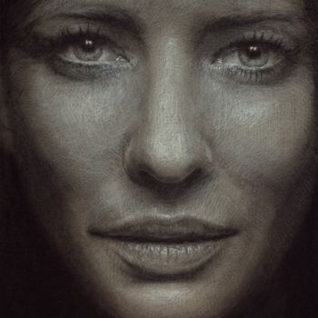 Drawing titled "Cate Blanchett" by Vincent Haller, Original Artwork, Charcoal Mounted on Cardboard