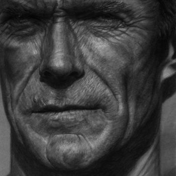 Drawing titled "Clint Eastwood" by Vincent Haller, Original Artwork, Charcoal Mounted on Cardboard