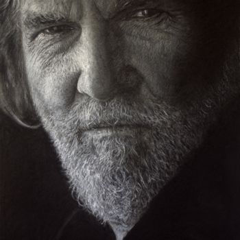 Tekening getiteld "Jeff Bridges" door Vincent Haller, Origineel Kunstwerk, Houtskool Gemonteerd op Karton