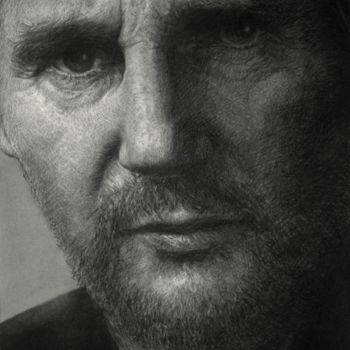 Drawing titled "Liam Neeson" by Vincent Haller, Original Artwork, Charcoal Mounted on Cardboard