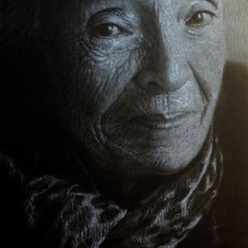 Drawing titled "Marguerite Duras" by Vincent Haller, Original Artwork, Charcoal Mounted on Cardboard